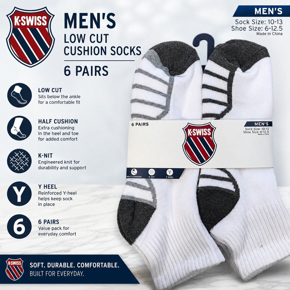 K-Swiss Mens Low Cut Cushion Socks 6 Pairs White Grey Athletic Size 10-13 New